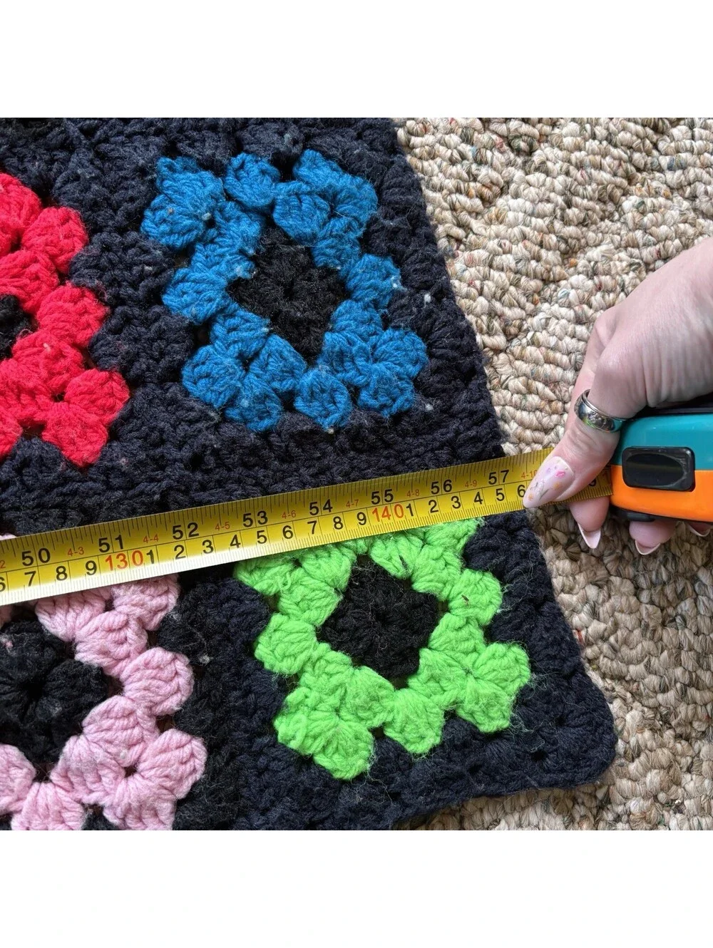 Vintage Granny Square Crochet Afghan Blanket Throw  Black Multi Colors 69”x57”